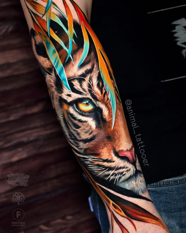 Realism Tiger, Leaves tattoo on Forearm