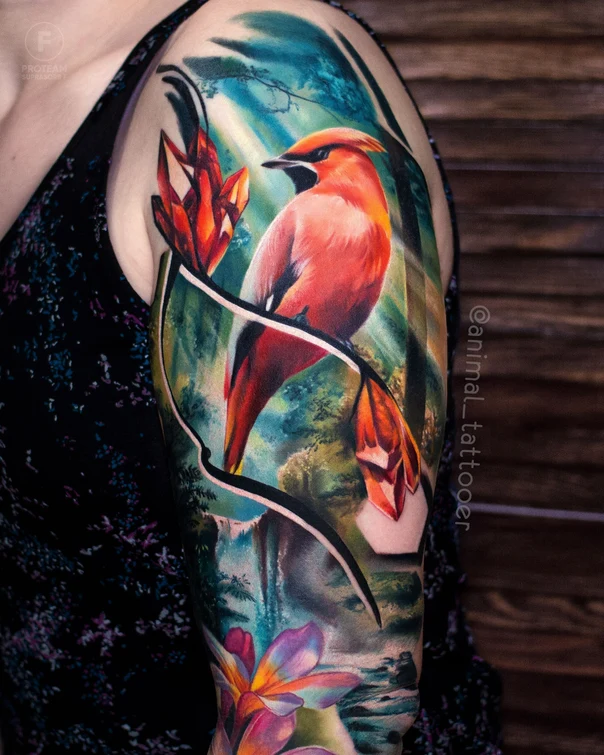 Realism Bird, Flower tattoo on Full Sleeve