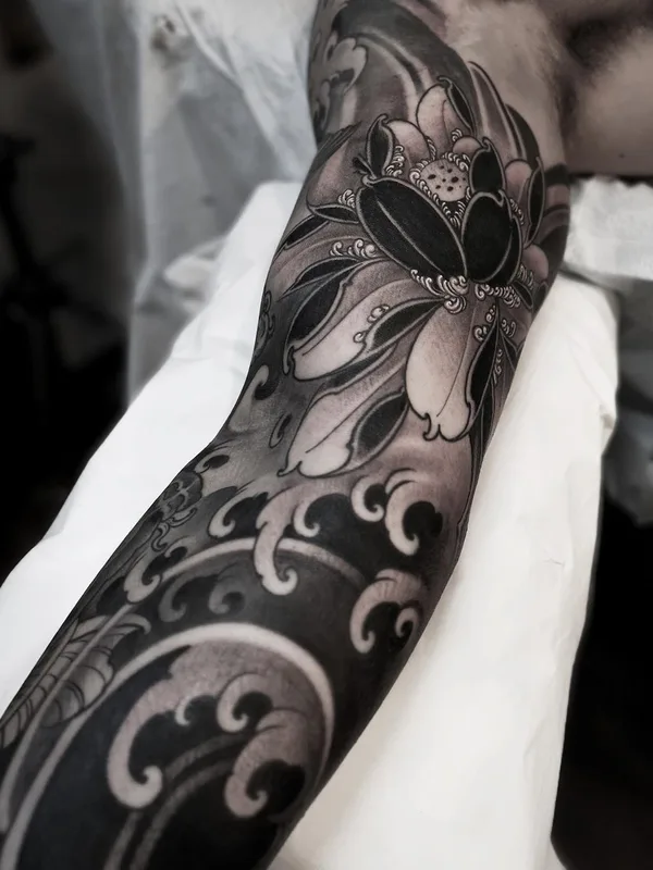 black and grey japanese tattoo on full sleeve #36311 | Tattoo Artist Juvel Vazquez FIBS