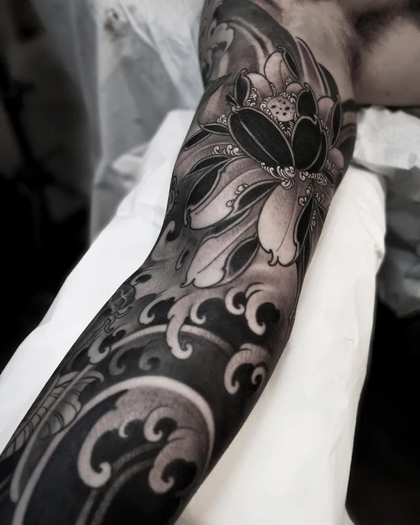 Japanese Lotus, Waves tattoo on Full Sleeve