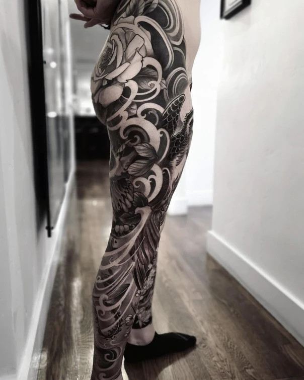 Blackwork Rose, Waves tattoo on Full leg