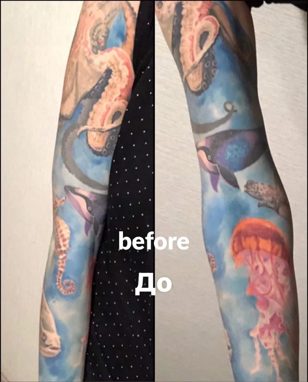 Акварель Octopus, Whale tattoo на Полный рукав