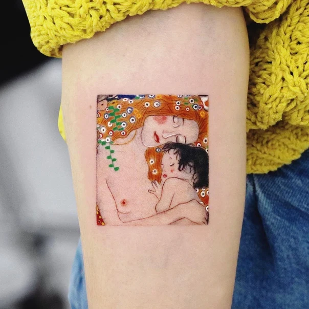Illustrative Mother, Child tattoo on Upper Arm