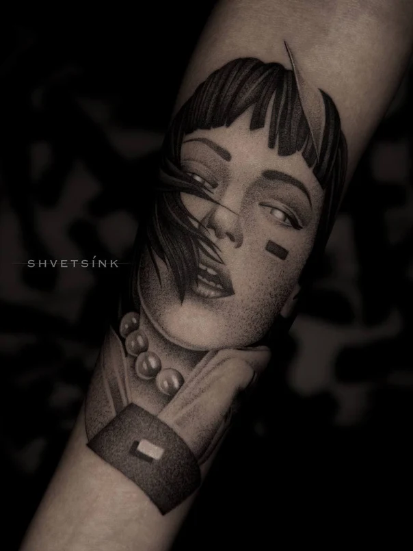 Black & Grey Portrait, Face tattoo on Forearm