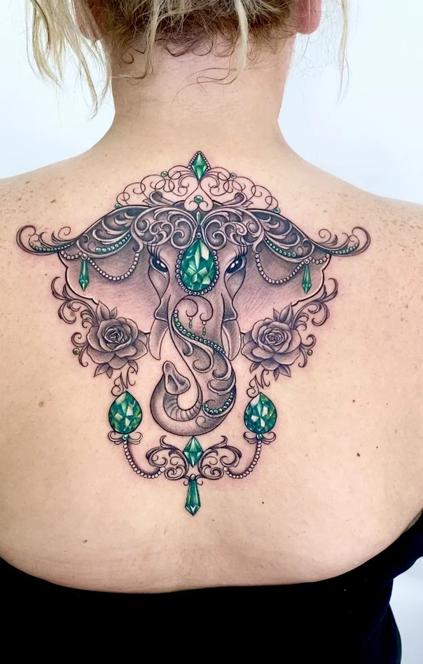 Ornamental Elephant, Gem tattoo on Upper Back