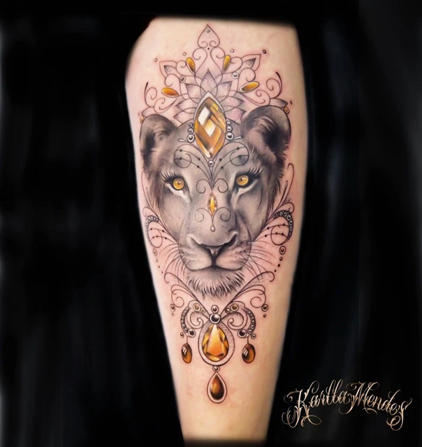 Realism Lion, Jewels tattoo on Calf