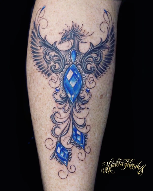 Ornamental Phoenix, Jewel tattoo on Calf