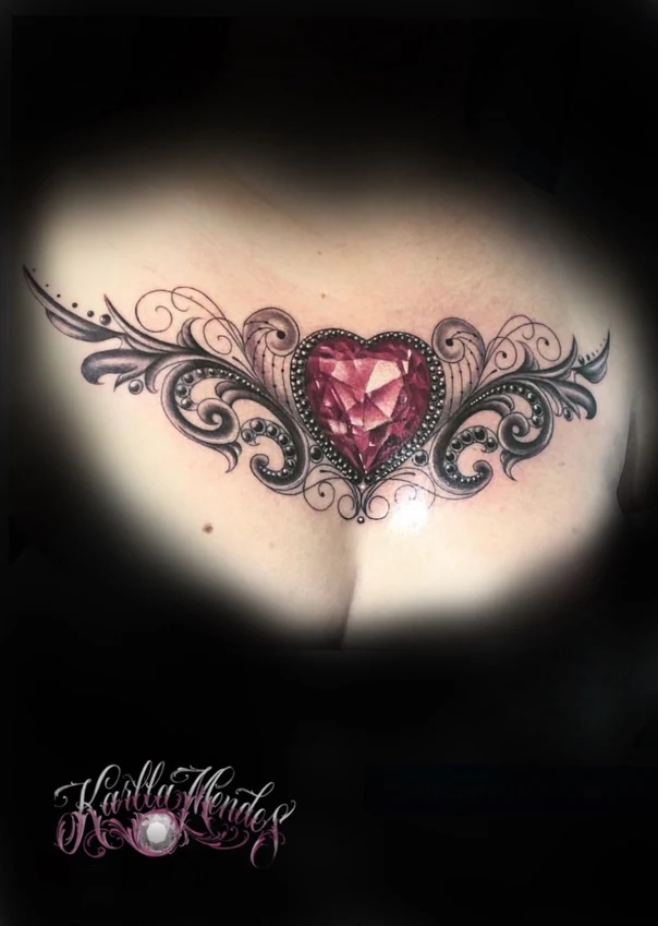 Ornamental Heart, Gemstone tattoo on Upper Back