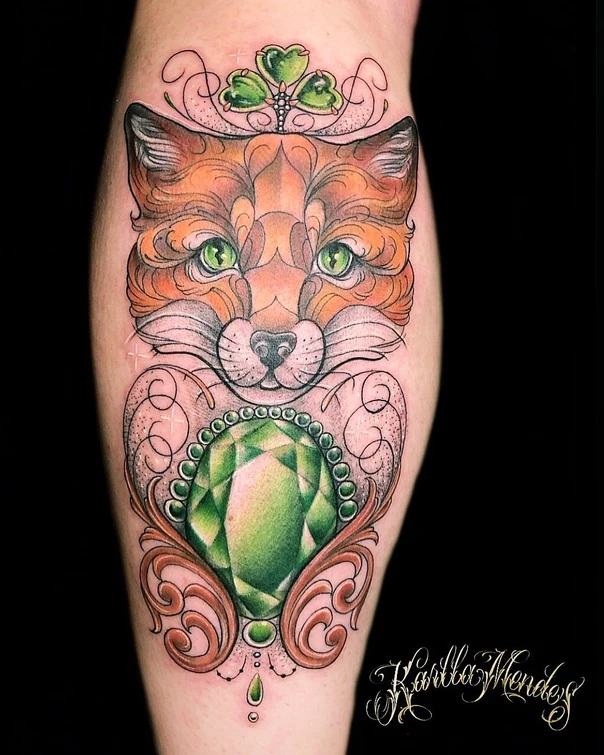 Neo Traditional Fox, Gem tattoo on Calf