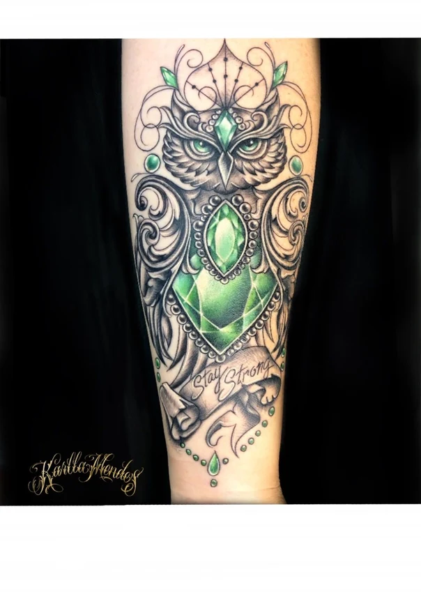 Realism Owl, Gem tattoo on Forearm