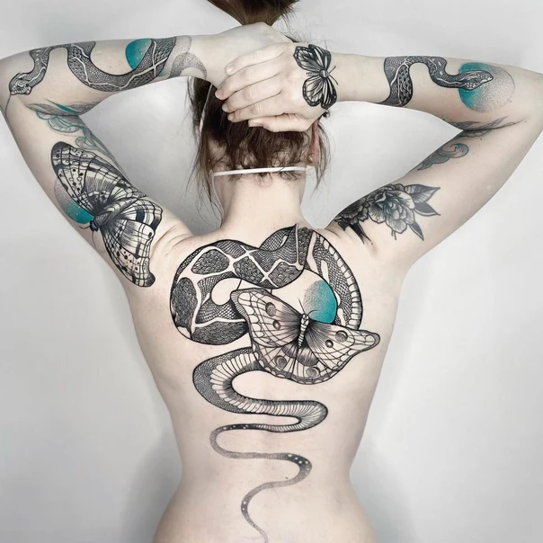 Blackwork Snake, Butterfly tattoo on Full Back