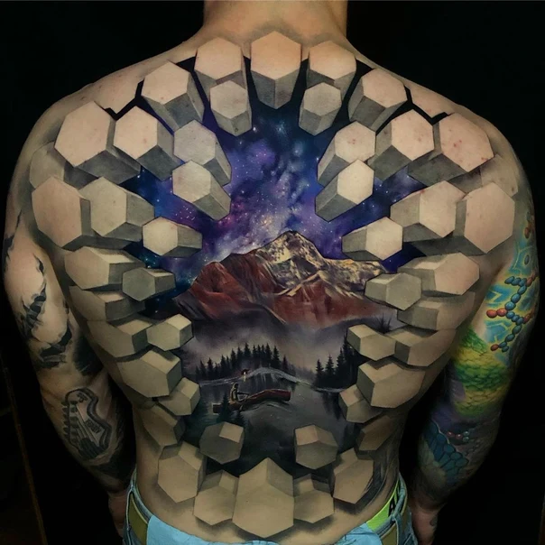 Realism Mountain, Landscape tattoo on Full Back
