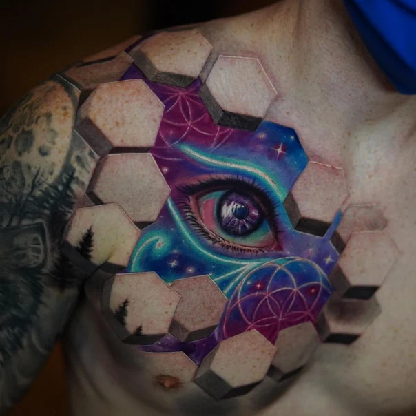 Surrealism Eye, Geometric tattoo on Chest