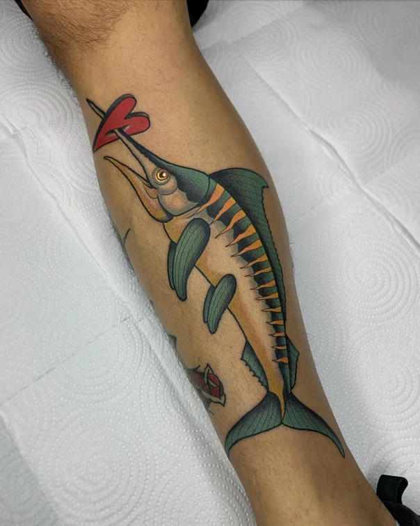 Traditional Fish, Heart tattoo on Calf