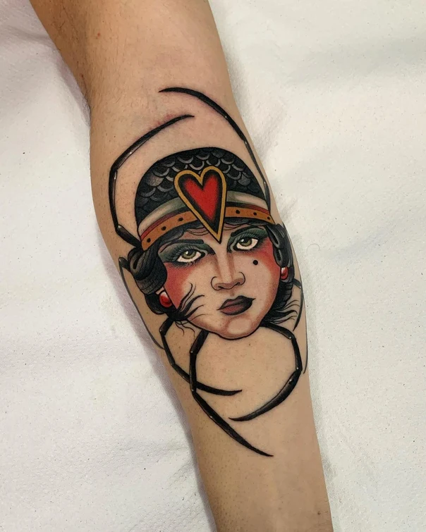 Neo Traditional Face, Spider tattoo on Forearm