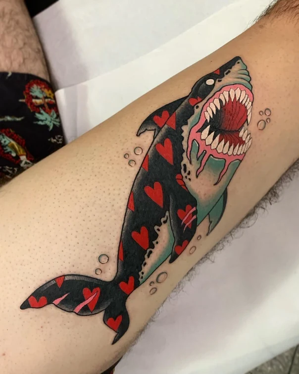 Neo Traditional Shark, Hearts tattoo on Calf