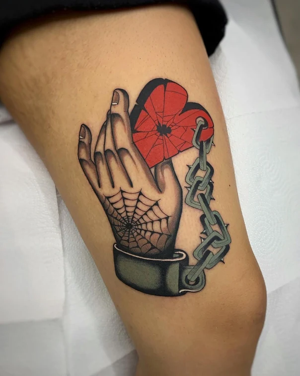 Neo Traditional Heart, Hand tattoo on Thigh
