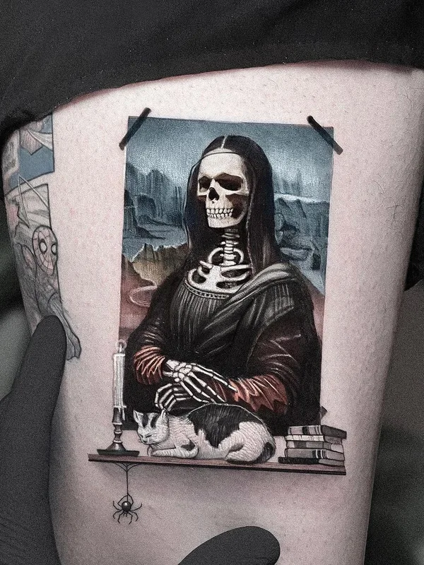 men, female color micro-realism, miniature Tatuaggio su thigh #40059 | Tatuatore Kozo