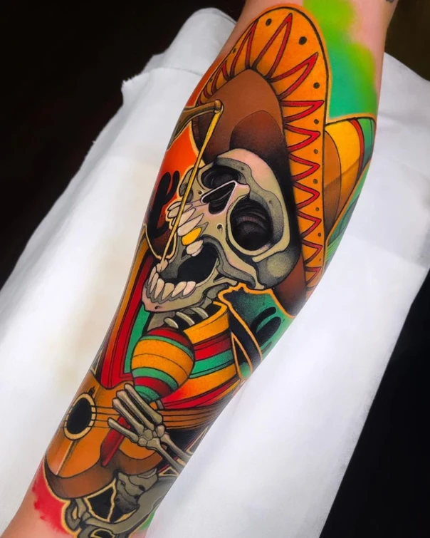 New School Skull, Skeleton tattoo on Forearm