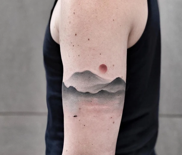 Black & Grey Mountains, Sun tattoo on Bicep