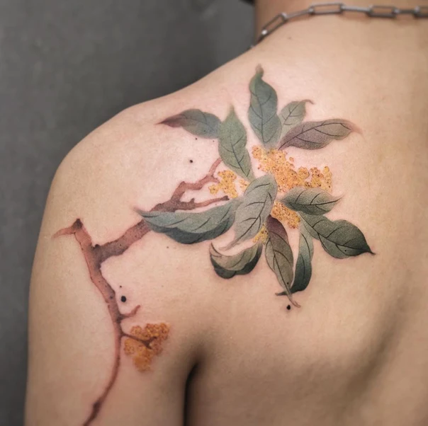 Botanic Flower, Branch tattoo on Shoulder