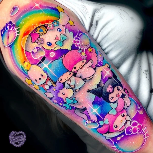 Anime Cartoon characters, Rainbow tattoo on Forearm