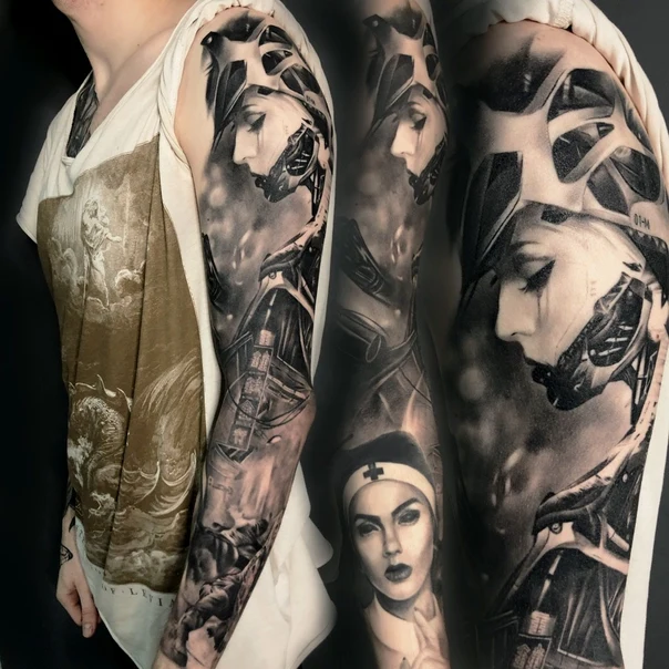 Biomechanical Cyborg, Portrait tattoo on Full Sleeve