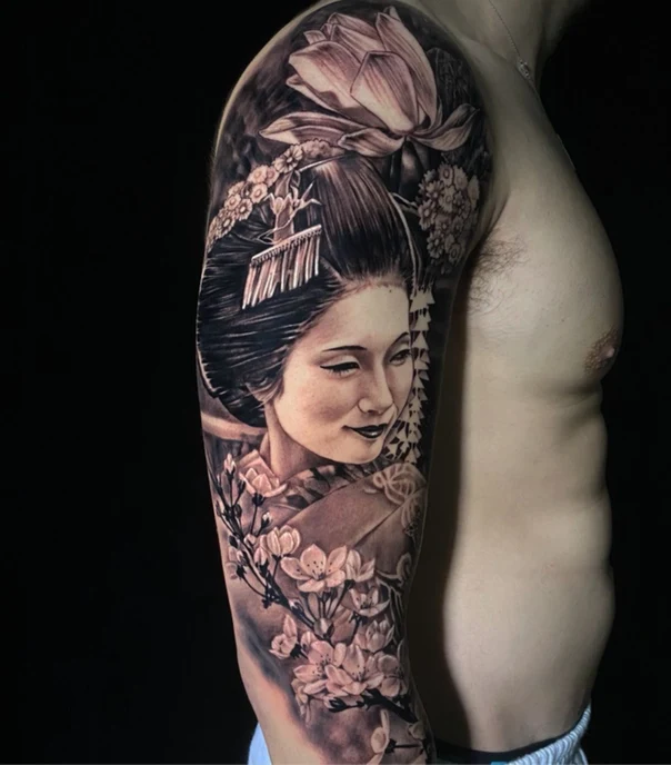 Japanese Geisha, Flowers tattoo on Full Sleeve