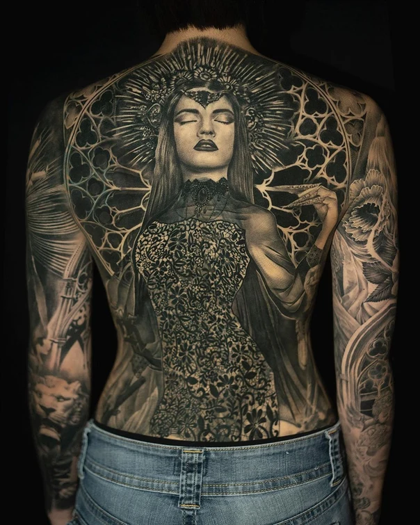 Realism Portrait, Ornamental tattoo on Full Back