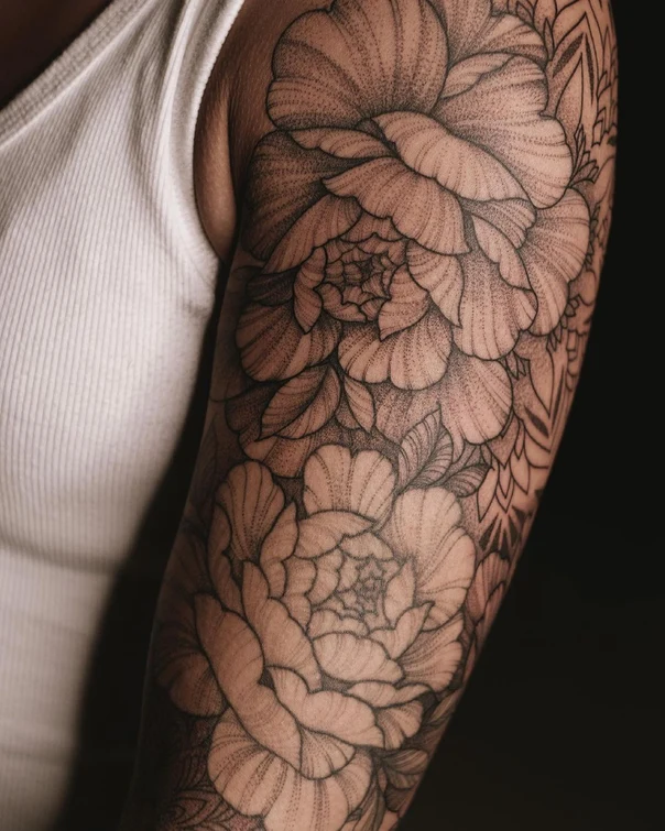 Dotwork Flower, Mandala tattoo on Full Sleeve