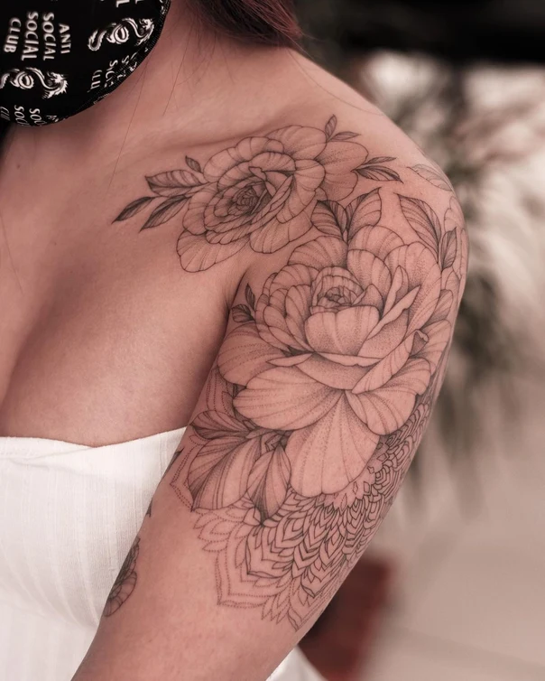 Linework Flower, Mandala tattoo on Shoulder
