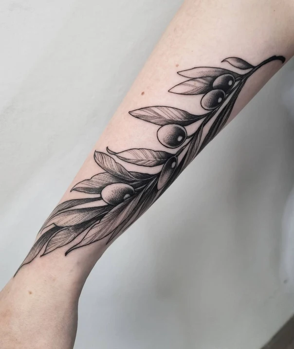 Файнлайн Olive branch, Leaves tattoo на Предплечье