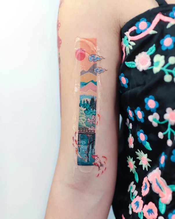 Japanese Landscape, Koi tattoo on Forearm
