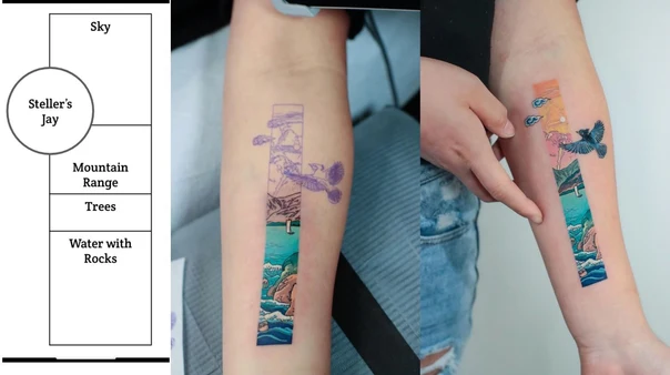 Illustrative Bird, Landscape tattoo on Forearm