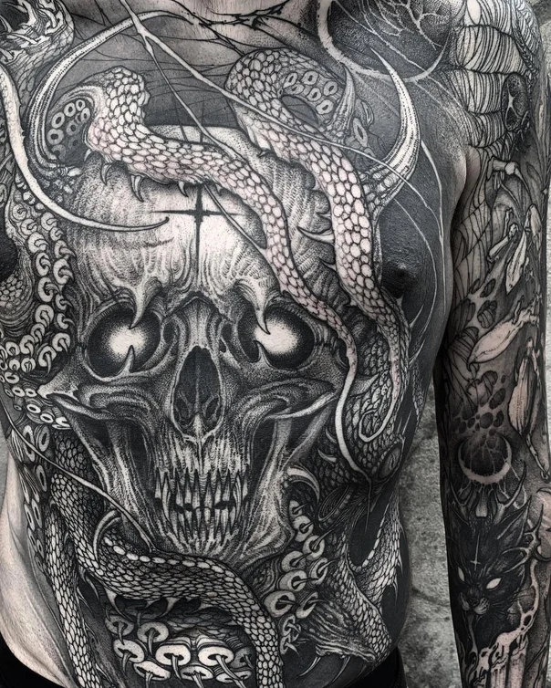 Blackwork Skull, Snake tattoo on Chest