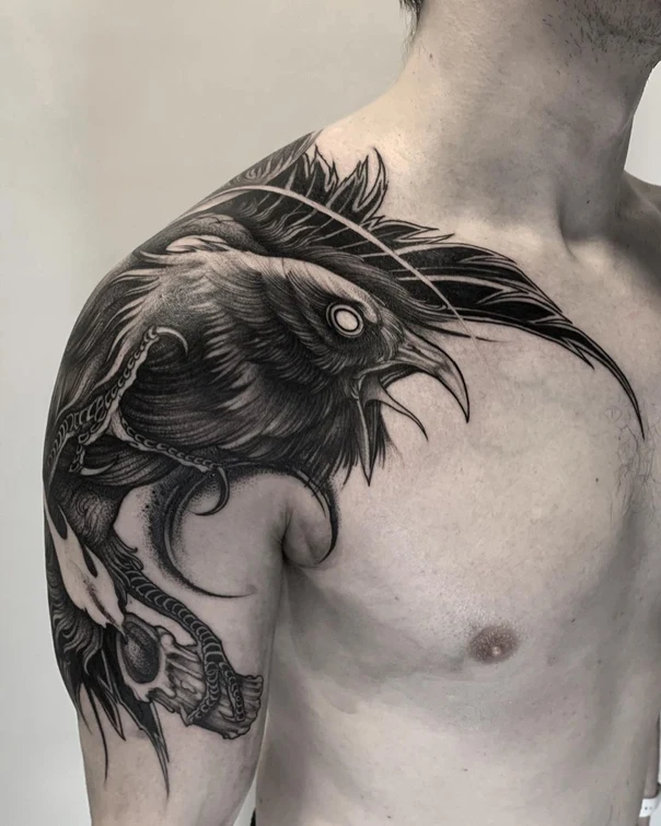 Black & Grey Raven, Skull tattoo on Shoulder