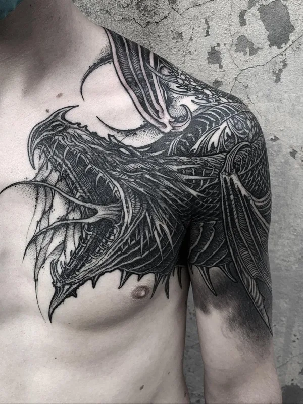 male black blackwork tattoo on chest #40286 | Tattoo Artist Yao