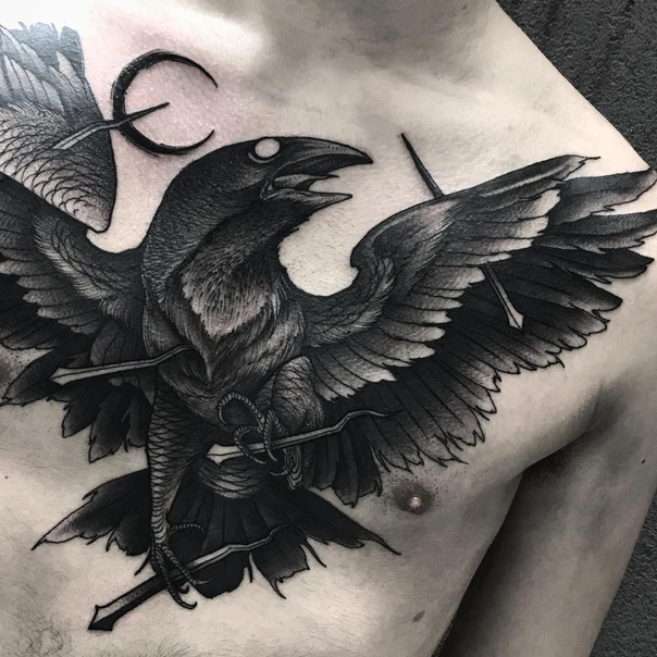 Blackwork Raven, Crescent moon tattoo on Chest