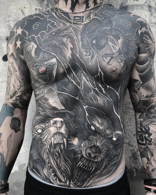 Blackwork Wolf, Raven tattoo on Chest