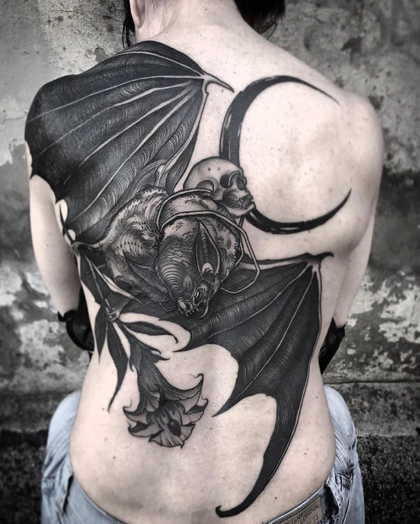Blackwork Bat, Skull tattoo on Full Back