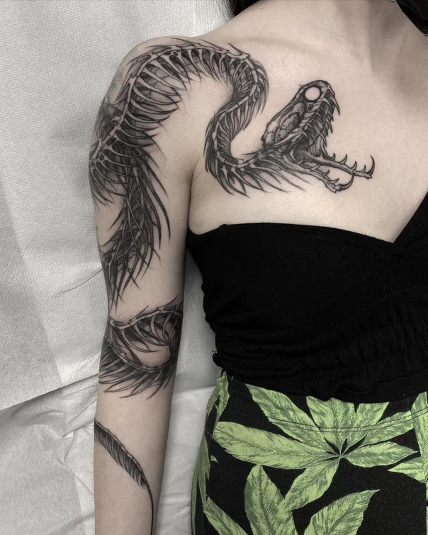 Blackwork Snake, Skeleton tattoo on Full Sleeve