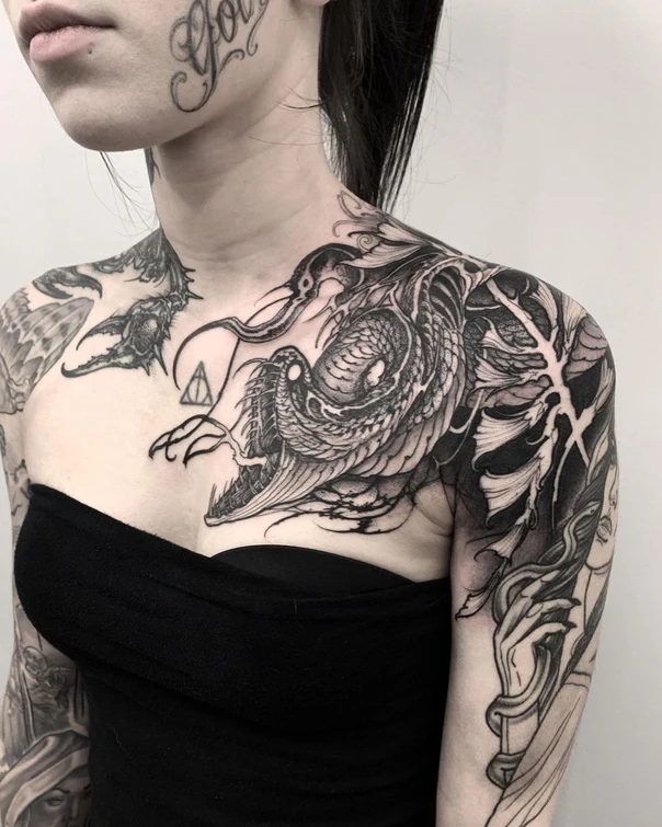 Blackwork Bird, Dragon tattoo on Chest