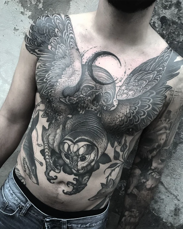 Black & Grey Owl, Skull tattoo on Chest
