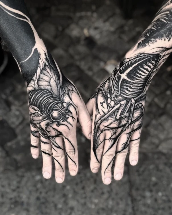 Blackwork Insect, Spiderweb tattoo on Hand