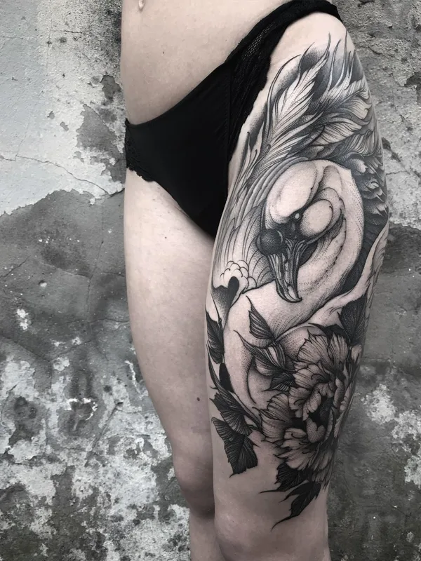 female black and grey blackwork tattoo on thigh #40291 | Tattoo Artist Yao
