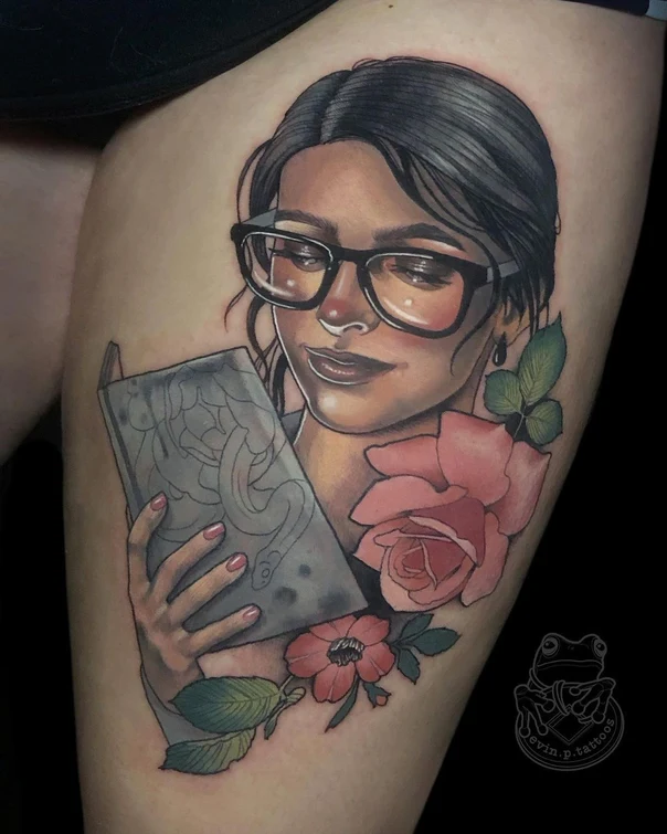 Realism Portrait, Flowers tattoo on Thigh