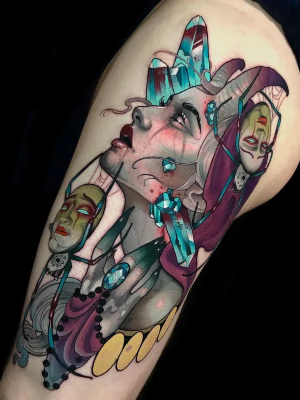 color illustrative tattoo on thigh #40310 | Tattoo Artist Evin Pfaff