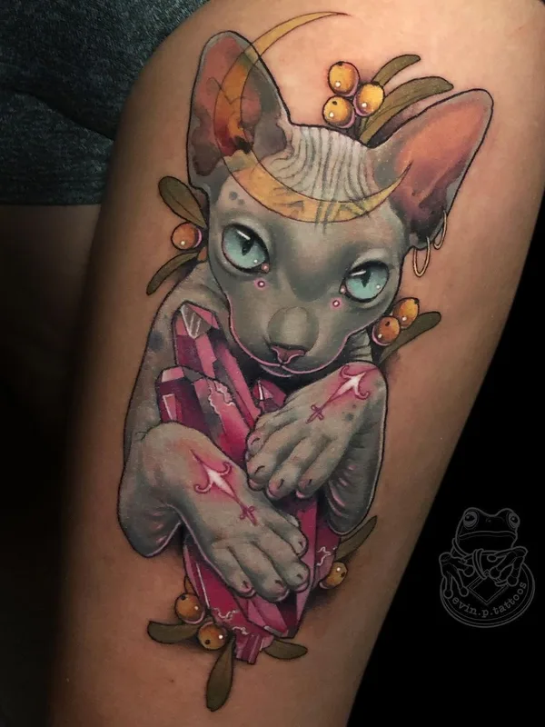 color illustrative tattoo on thigh #40304 | Tattoo Artist Evin Pfaff