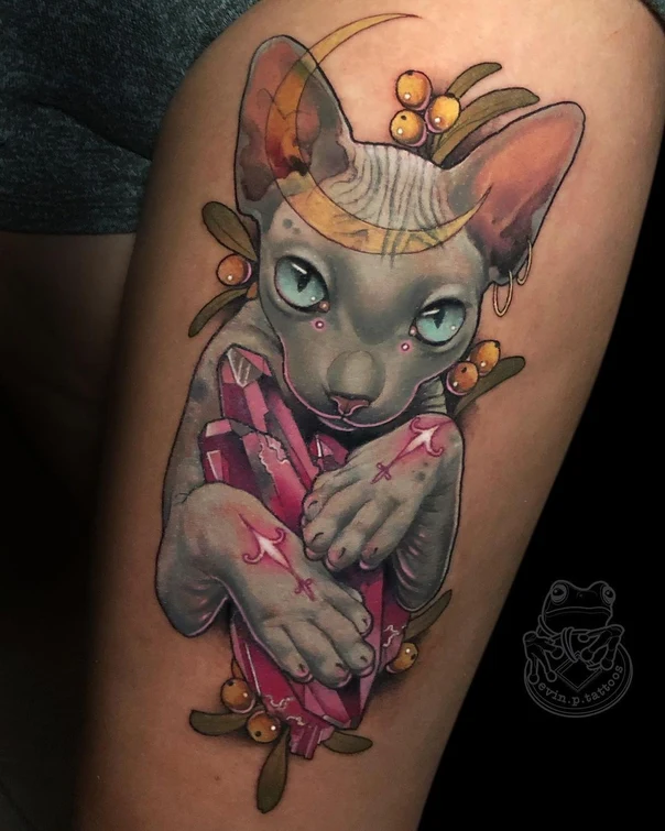 Illustrative Cat, Crystals tattoo on Thigh