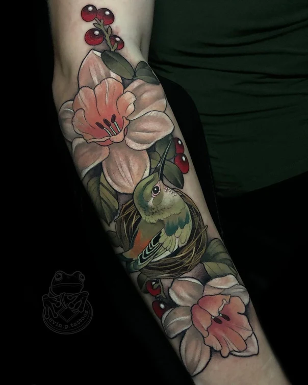 Illustrative Hummingbird, Flowers tattoo on Forearm